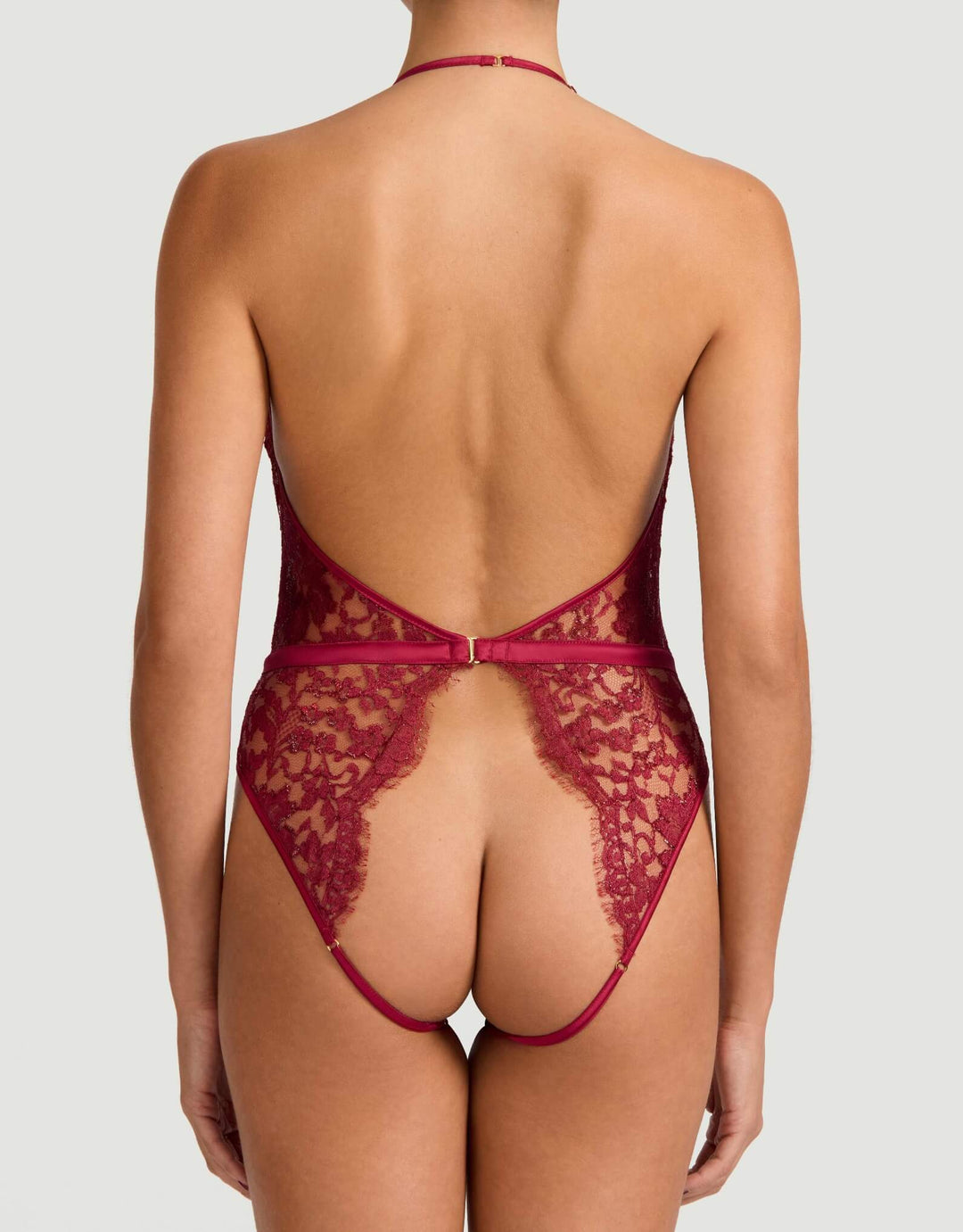 Coco de Mer Naraya Halterneck Open Playsuit in lurex lace and silk with open back – at Catriona