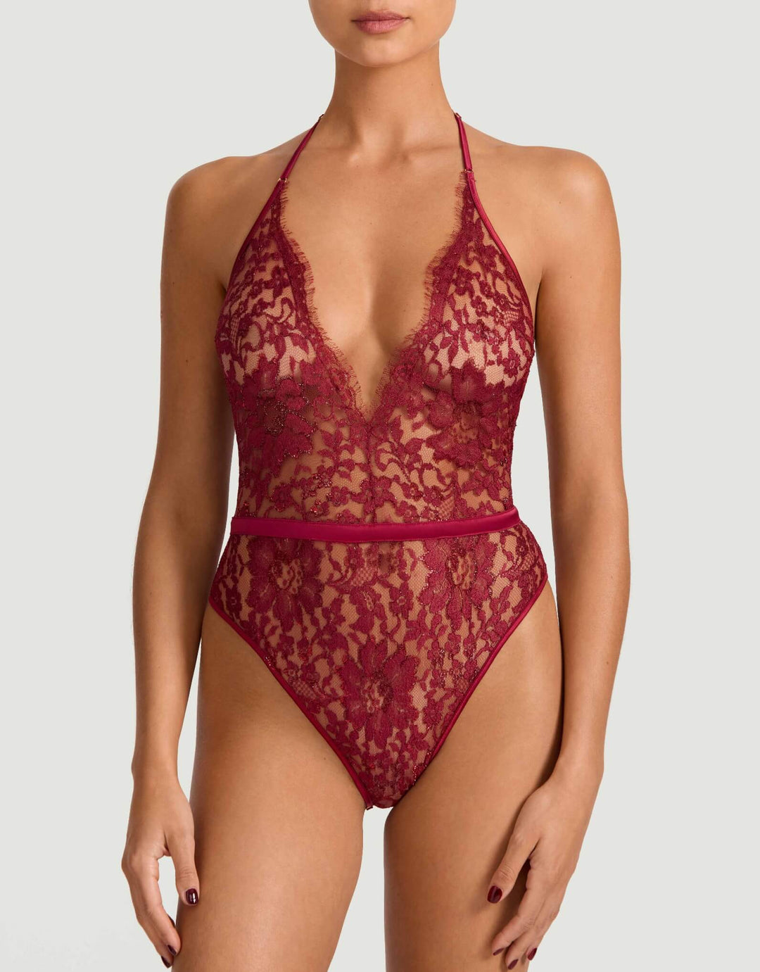 Coco de Mer Naraya Halterneck Open Playsuit in lurex lace and silk with open back – at Catriona