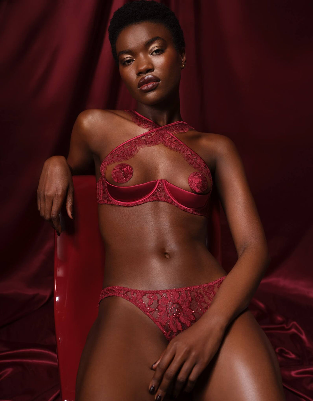 Coco de Mer Naraya Open bra Brief in burgundy lace and silk – at Catriona