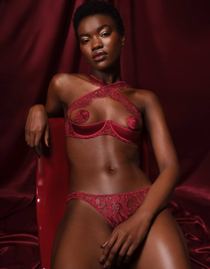 Coco de Mer Naraya Open bra Brief in burgundy lace and silk – at Catriona