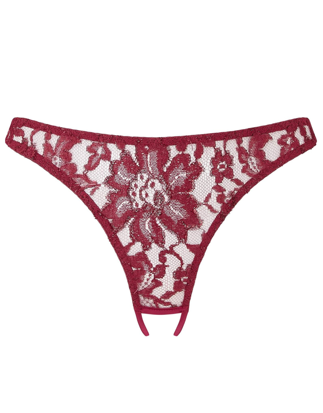 Coco de Mer Naraya Open Brief in burgundy lace with scalloped back and silk band – at Catriona