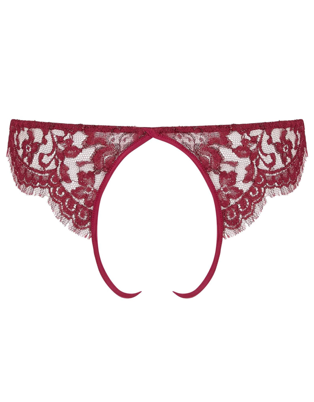 Coco de Mer Naraya Open Brief in burgundy lace with scalloped back and silk band – at Catriona