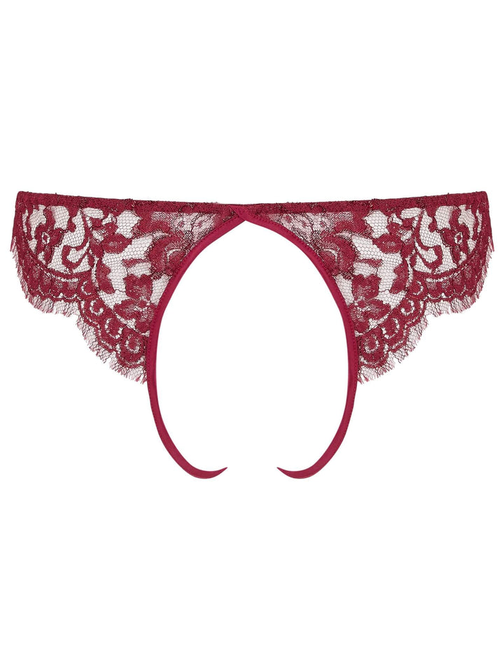 Coco de Mer Naraya Open Brief in burgundy lace with scalloped back and silk band – at Catriona