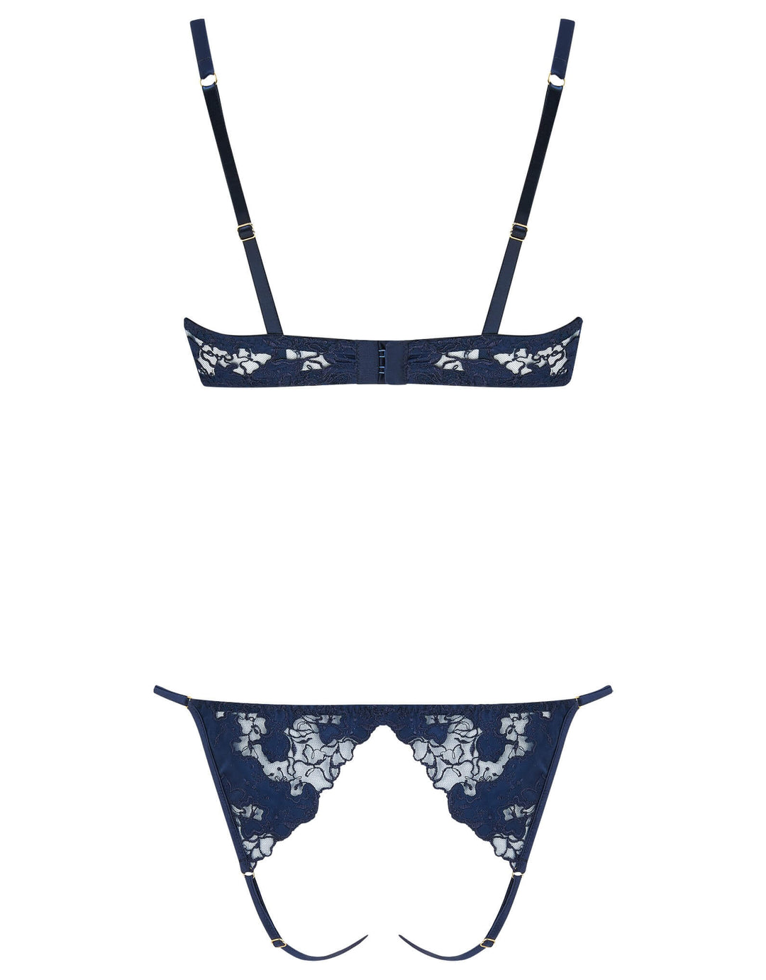 Coco de Mer Arella Wired Open Playsuit in black silk with embroidered open cups, golden ring detail, and open back.