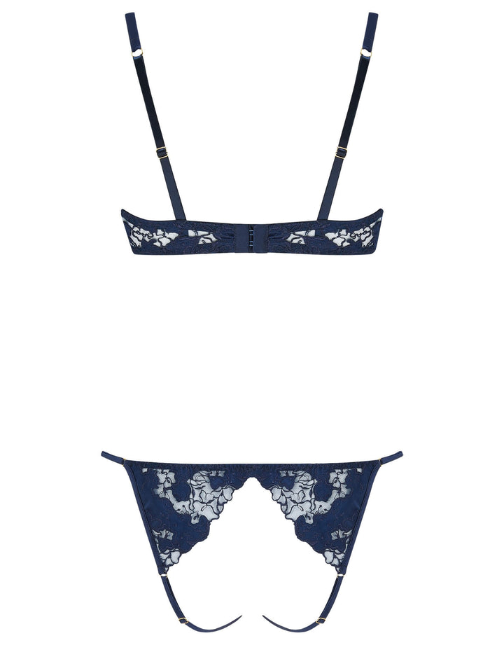 Coco de Mer Arella Wired Open Playsuit in black silk with embroidered open cups, golden ring detail, and open back.