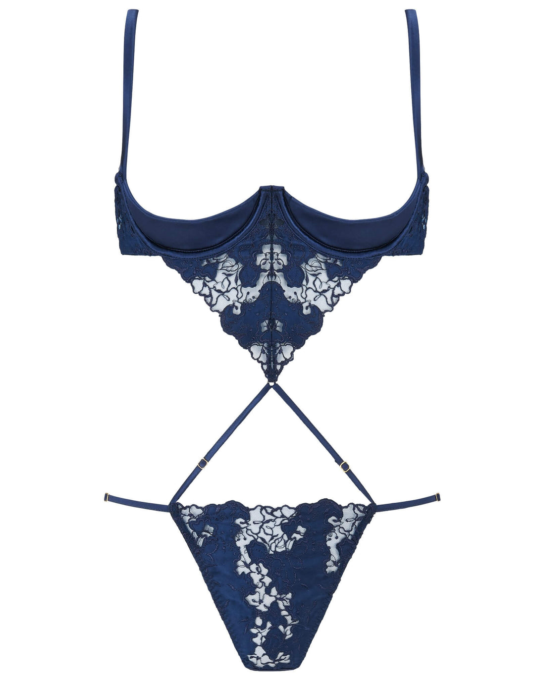 Coco de Mer Arella Wired Open Playsuit in black silk with embroidered open cups, golden ring detail, and open back.