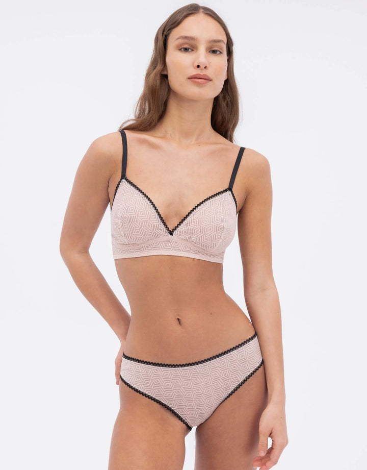 Else Synergy Soft Triangle Bra in pale pink with black trim – luxury lingerie at Catriona