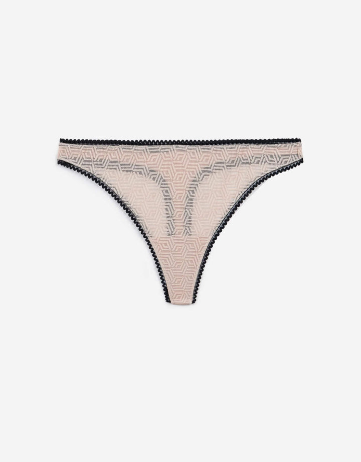 Else Synergy Thong in pale pink jacquard mesh with black trim – luxury lingerie at Catriona