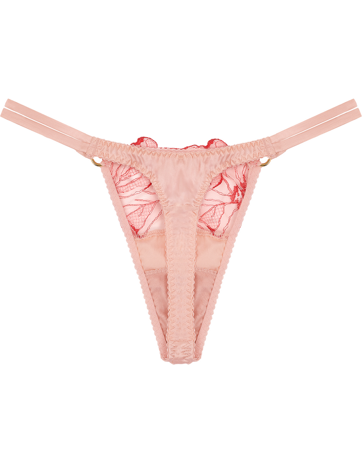 Fleur of England Rosa Silk Thong I Pink embroidery luxury lingerie