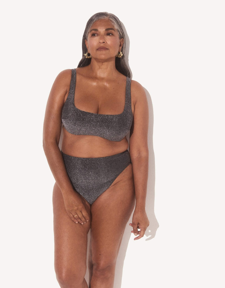 Form and Fold 90s Rise Bikini Bottom Silver Glitter