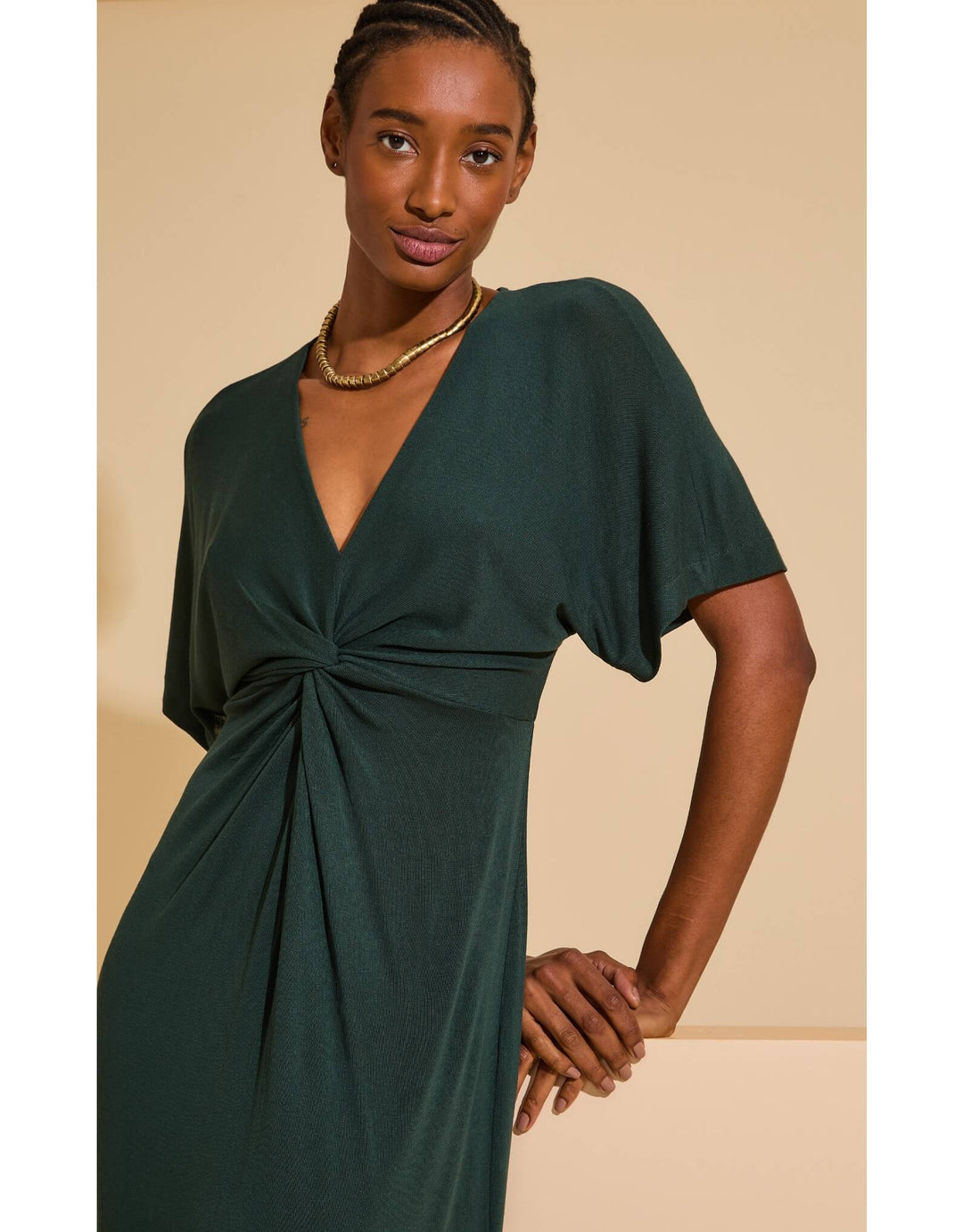 Lenny Niemeyer V-Neck Cover-Up Dress in Pine Green with twist-front waist and front slit, semi-sheer knit, available at Catriona.