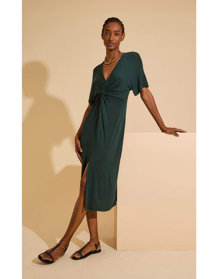 Lenny Niemeyer V-Neck Cover-Up Dress in Pine Green with twist-front waist and front slit, semi-sheer knit, available at Catriona.