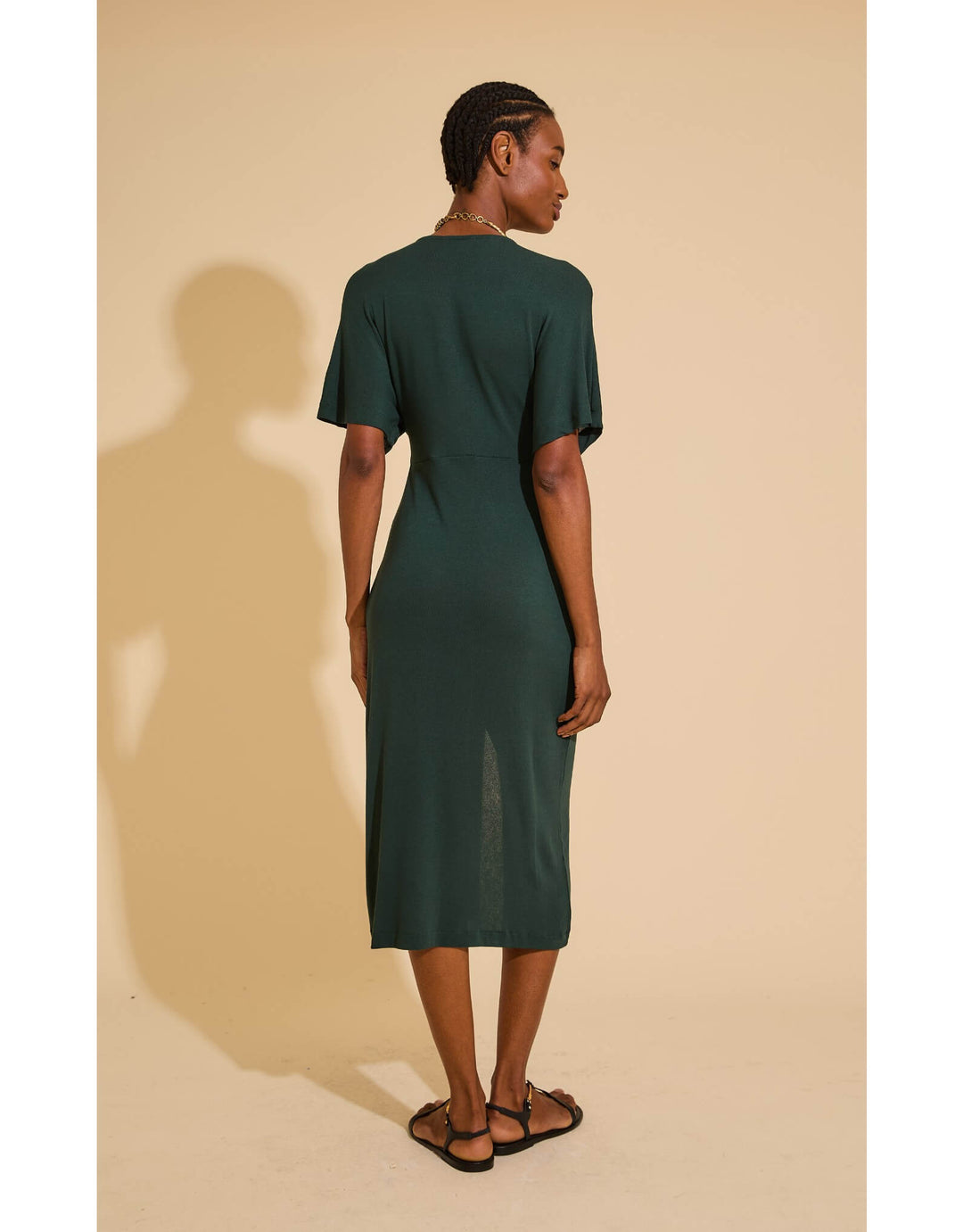 Lenny Niemeyer V-Neck Cover-Up Dress in Pine Green with twist-front waist and front slit, semi-sheer knit, available at Catriona.