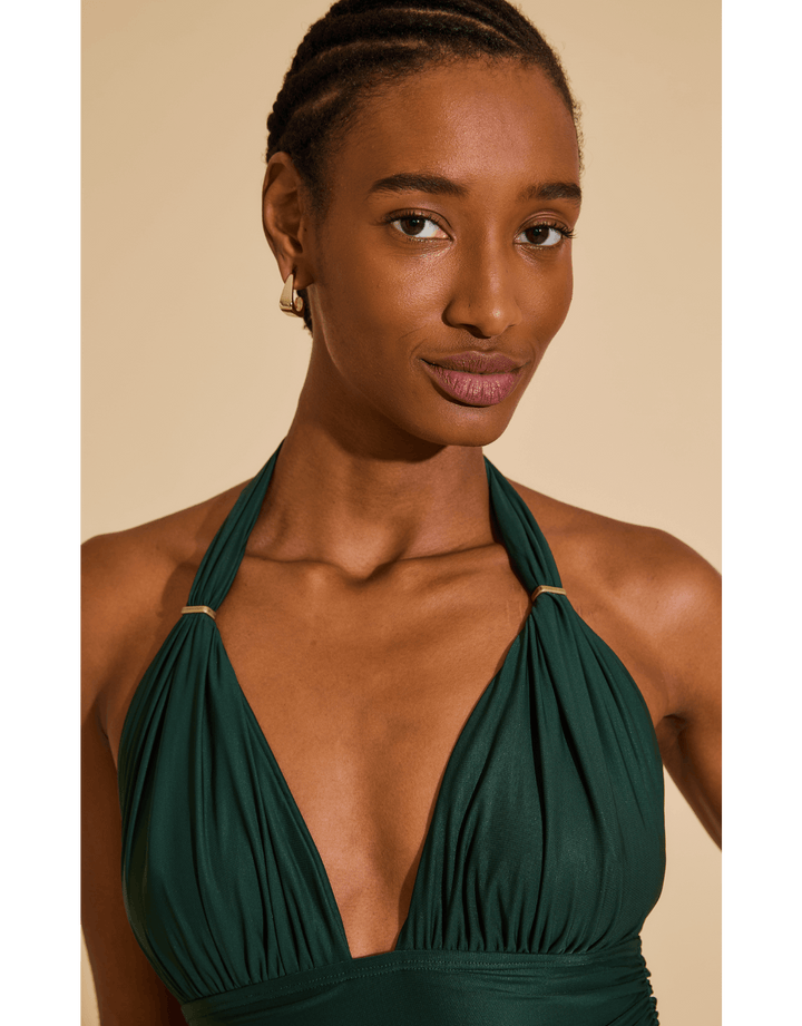 Lenny Niemeyer Pine Adjustable Halter One Piece Swimsuit with ruched bodice, SPF 50+ recycled fabric, A–DD cup fit, available at Catriona.