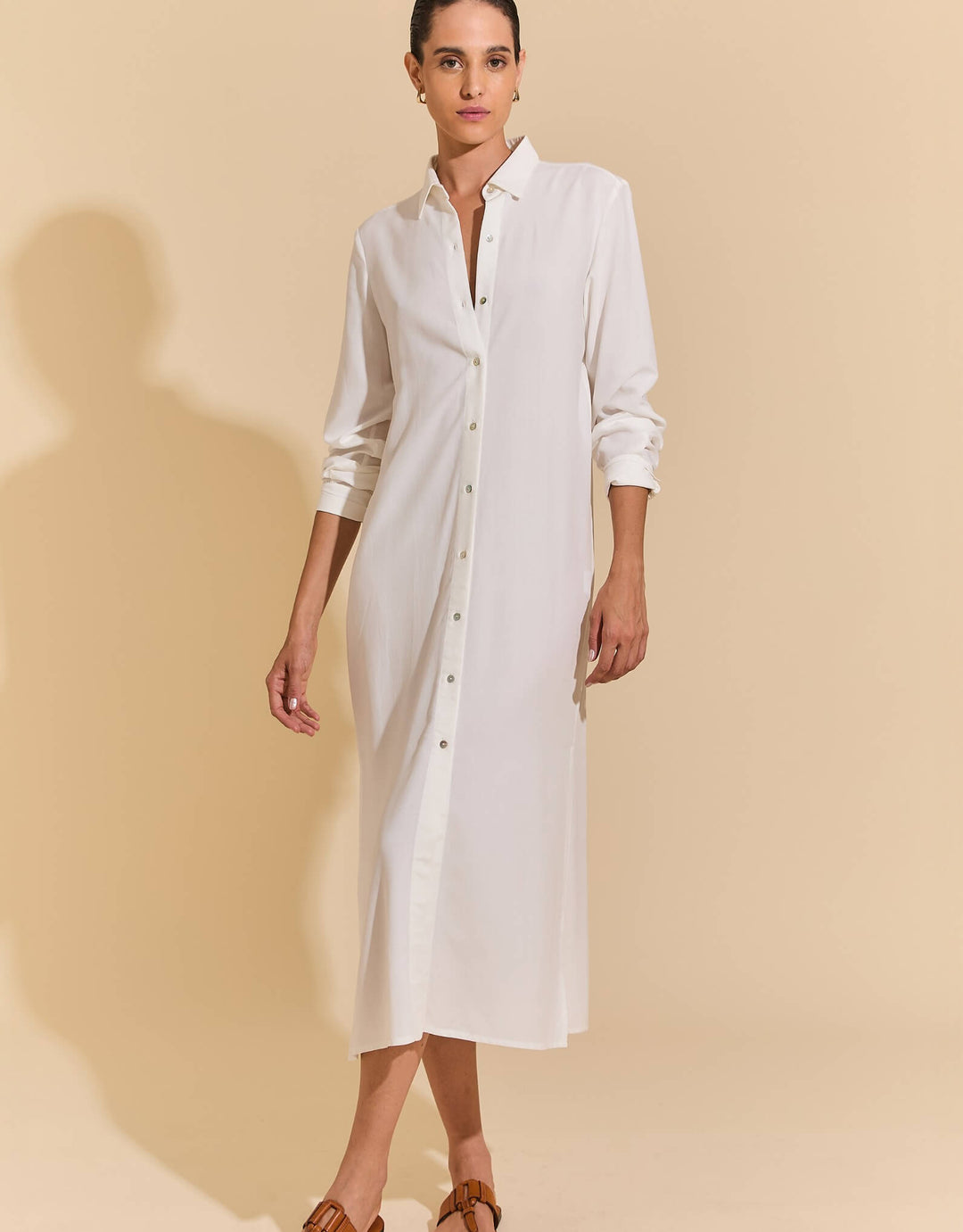 Lenny Niemeyer Side Slit Long Chemisier Shirt Dress in off white, 100% viscose, straight fit, long sleeves with button cuffs, side slits