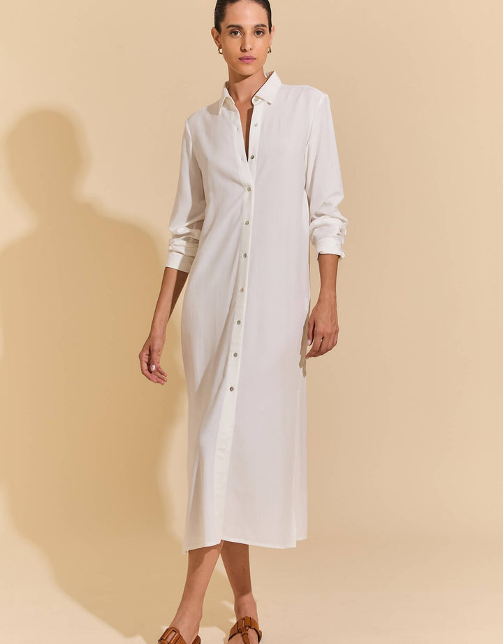 Lenny Niemeyer Side Slit Long Chemisier Shirt Dress in off white, 100% viscose, straight fit, long sleeves with button cuffs, side slits