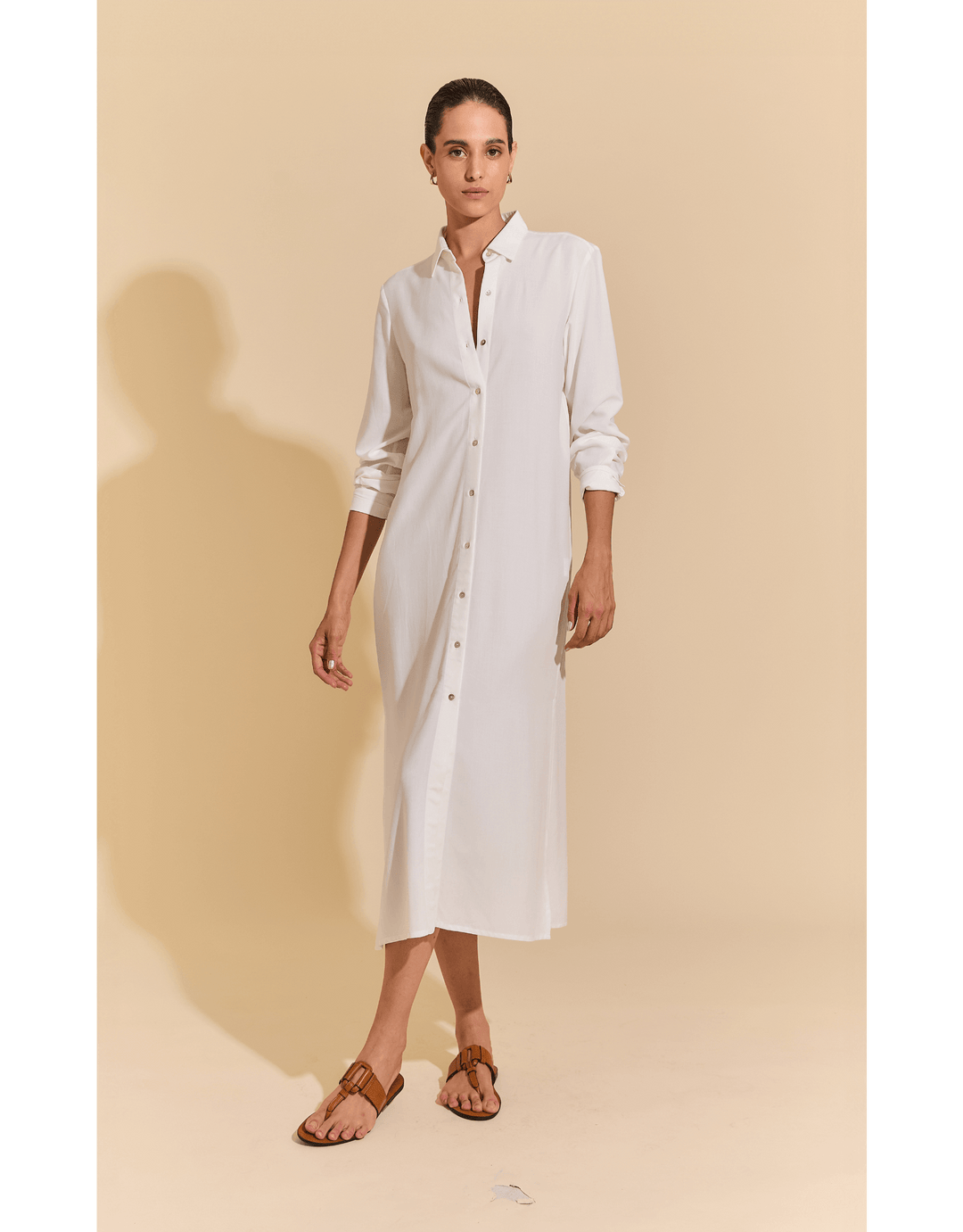 Lenny Niemeyer Side Slit Long Chemisier Shirt Dress in off white, 100% viscose, straight fit, long sleeves with button cuffs, side slits