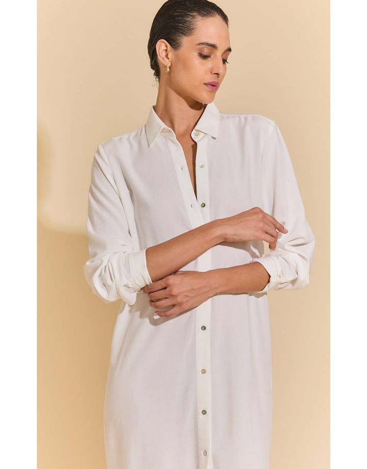 Lenny Niemeyer Side Slit Long Chemisier Shirt Dress in off white, 100% viscose, straight fit, long sleeves with button cuffs, side slits