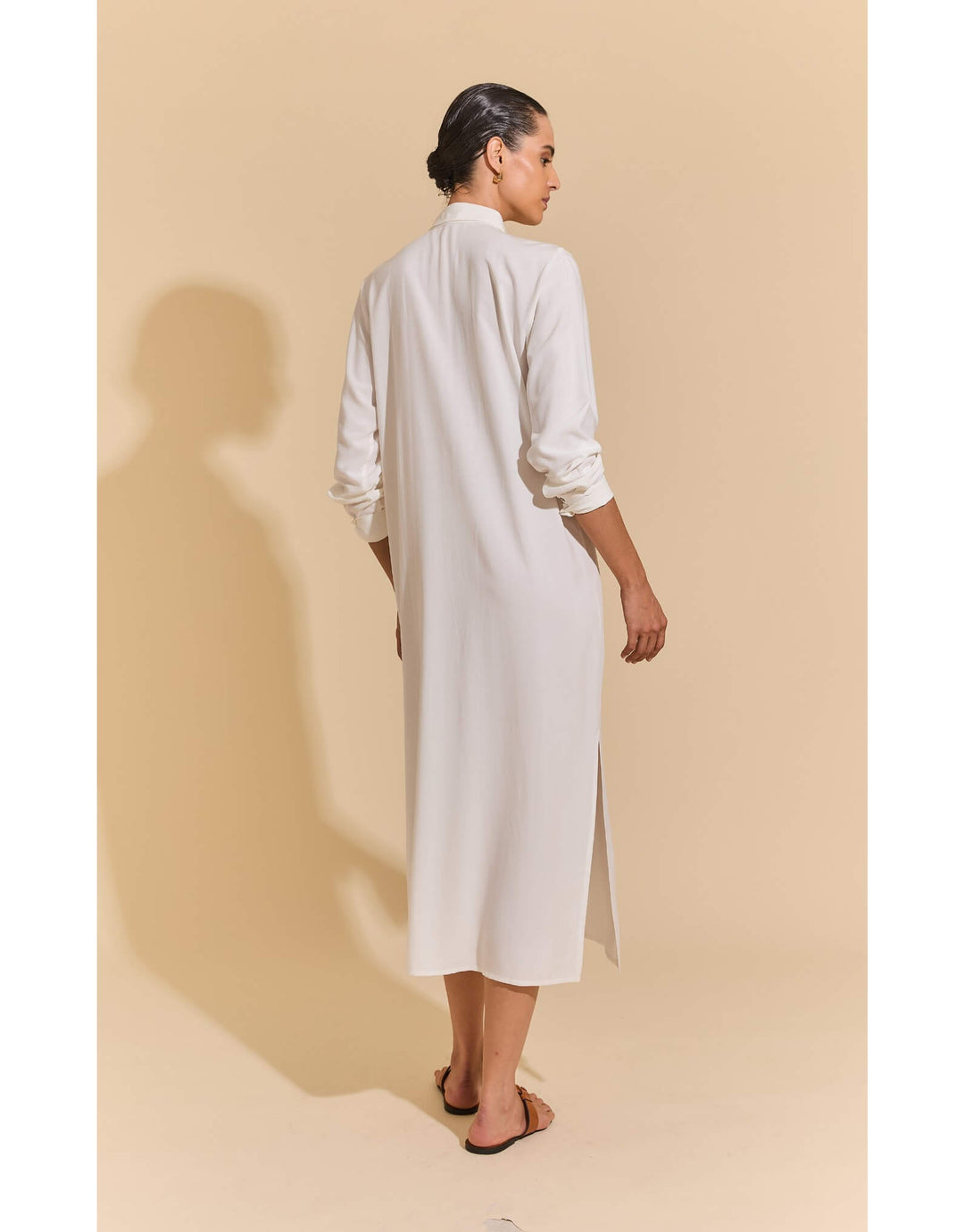 Lenny Niemeyer Side Slit Long Chemisier Shirt Dress in off white, 100% viscose, straight fit, long sleeves with button cuffs, side slits