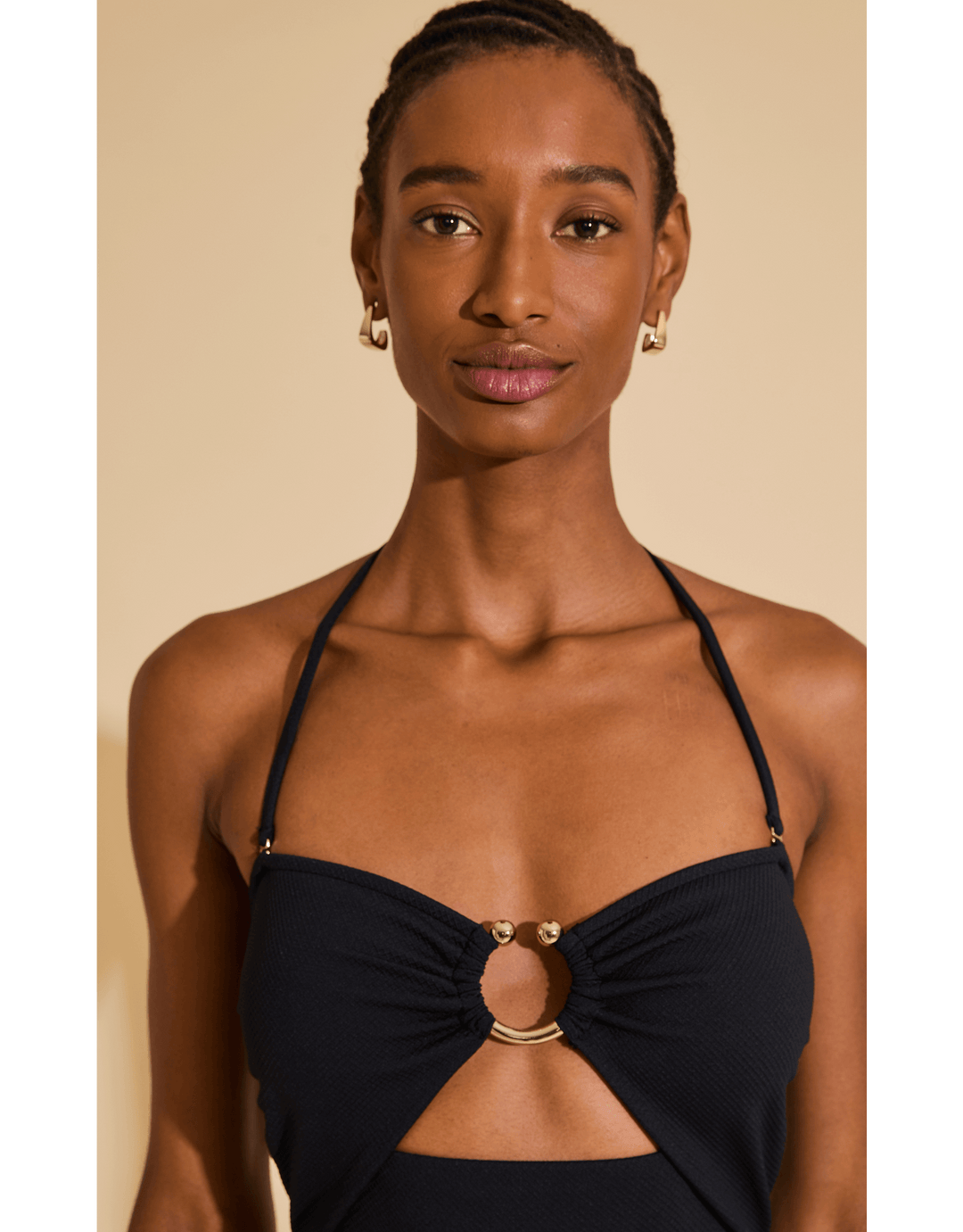 Lenny Niemeyer Textured Lycra Bandeau Swimsuit with metal ring detail, centre-bust cutout, SPF 50+ fabric, available at Catriona.