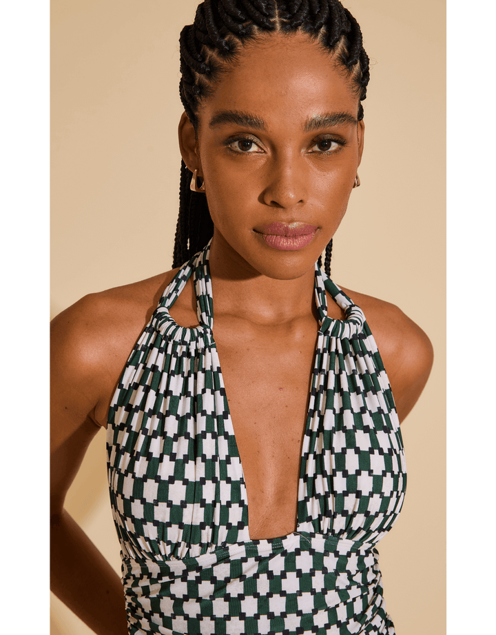 Lenny Niemeyer Ruched Adjustable Halter Swimsuit in Pine and White Minimal Print, Bio Lycra, UV 50+ protection, at Catriona
