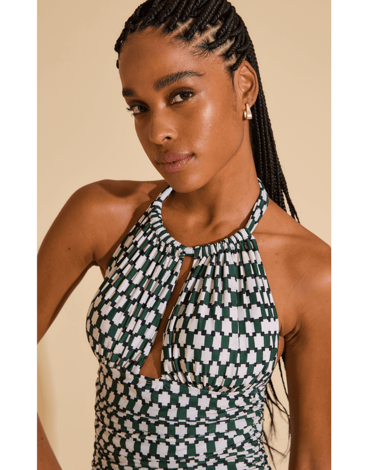 Lenny Niemeyer Ruched Adjustable Halter Swimsuit in Pine and White Minimal Print, Bio Lycra, UV 50+ protection, at Catriona