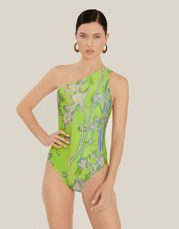 Lenny Niemeyer One Shoulder Swimsuit Dandelion Lime Green Floral