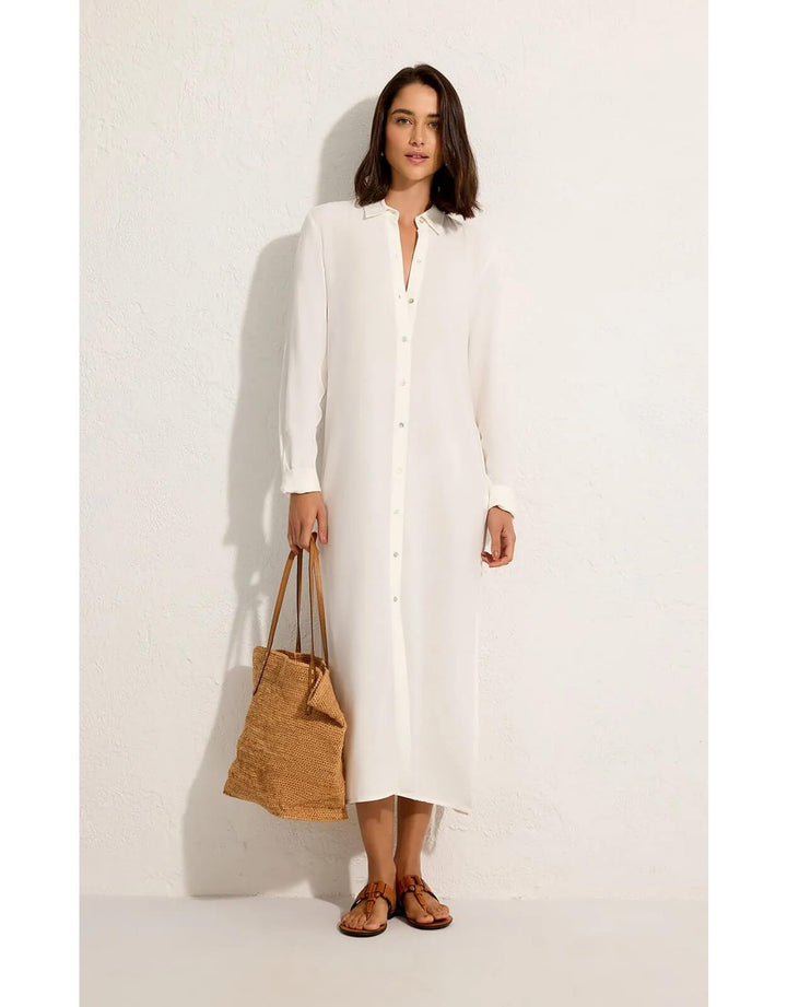 Lenny Niemeyer Side Slit Long Chemisier Shirt Dress in off white, 100% viscose, straight fit, long sleeves with button cuffs, side slits