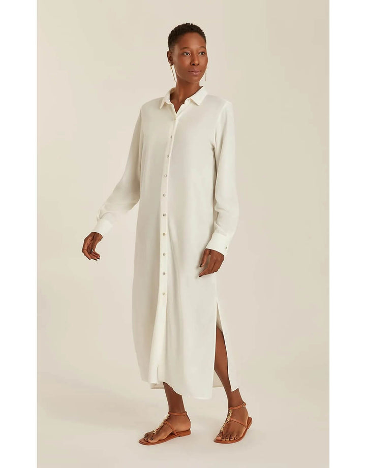 Lenny Niemeyer Side Slit Long Chemisier Shirt Dress in off white, 100% viscose, straight fit, long sleeves with button cuffs, side slits