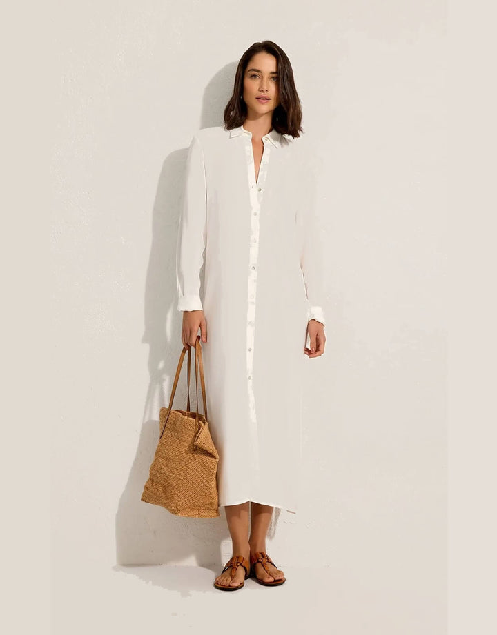 Lenny Niemeyer Side Slit Long Chemisier Shirt Dress in off white, 100% viscose, straight fit, long sleeves with button cuffs, side slits