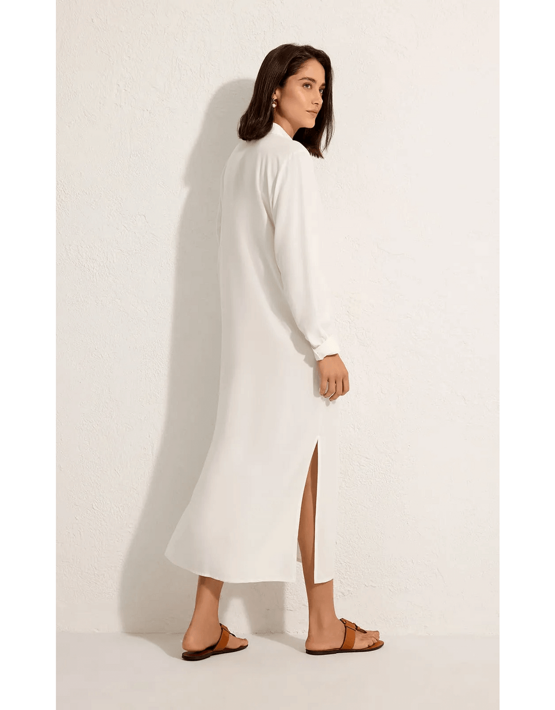 Lenny Niemeyer Side Slit Long Chemisier Shirt Dress in off white, 100% viscose, straight fit, long sleeves with button cuffs, side slits