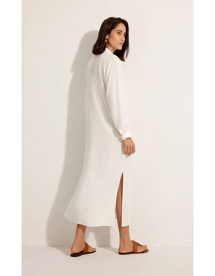 Lenny Niemeyer Side Slit Long Chemisier Shirt Dress in off white, 100% viscose, straight fit, long sleeves with button cuffs, side slits