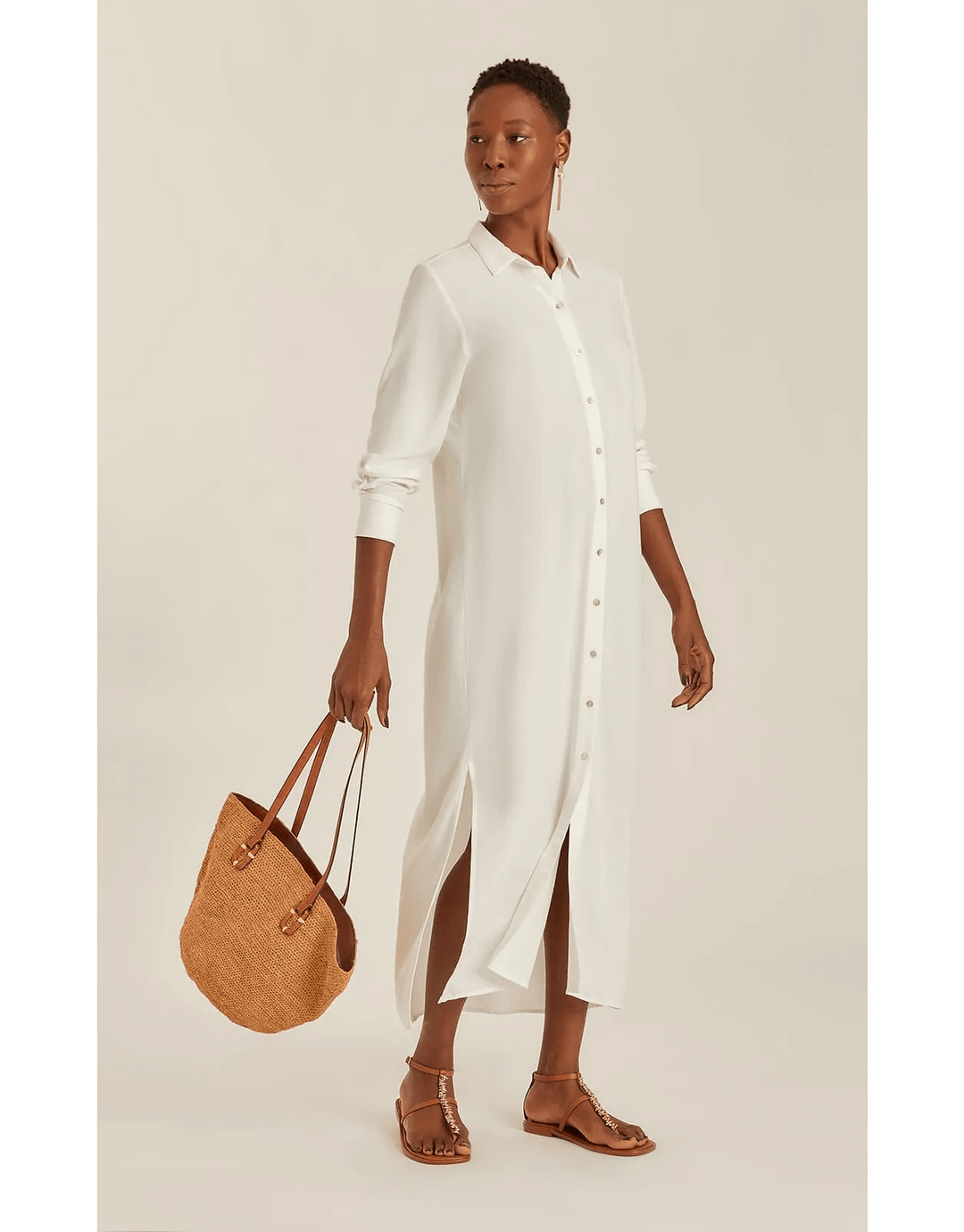 Lenny Niemeyer Side Slit Long Chemisier Shirt Dress in off white, 100% viscose, straight fit, long sleeves with button cuffs, side slits