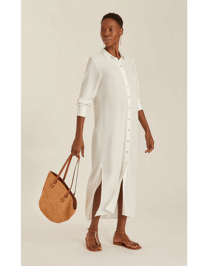 Lenny Niemeyer Side Slit Long Chemisier Shirt Dress in off white, 100% viscose, straight fit, long sleeves with button cuffs, side slits