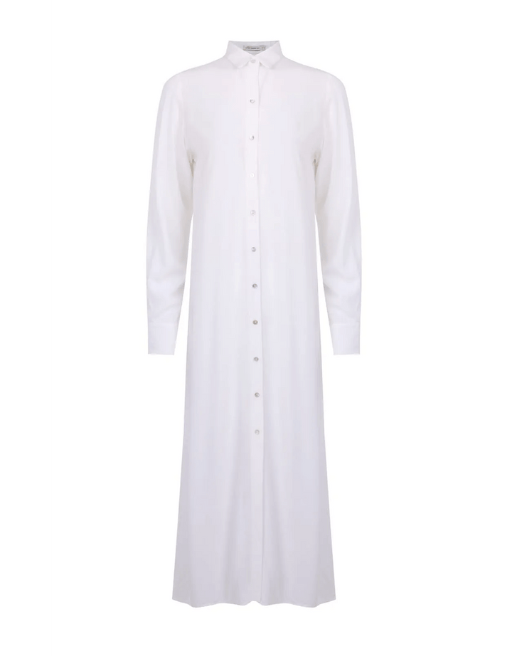 Lenny Niemeyer Side Slit Long Chemisier Shirt Dress in off white, 100% viscose, straight fit, long sleeves with button cuffs, side slits