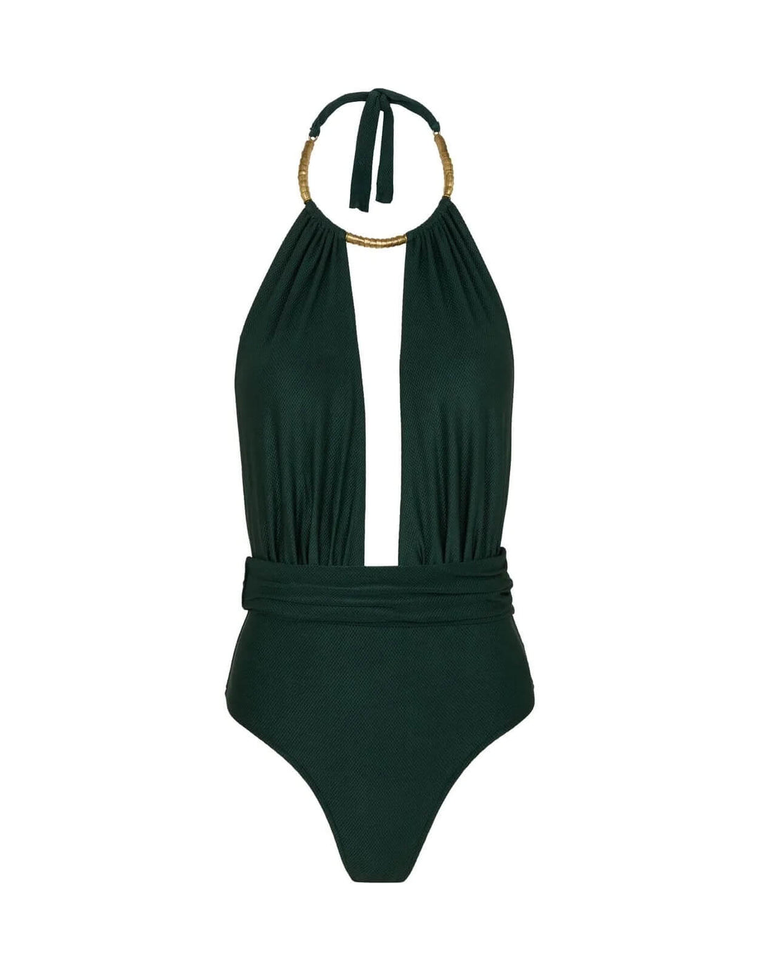 Shop Lenny Niemeyer’s Green Halter One Piece at Catriona—textured Lycra, UPF 50+ protection, antique gold metal yoke, elegant fit.