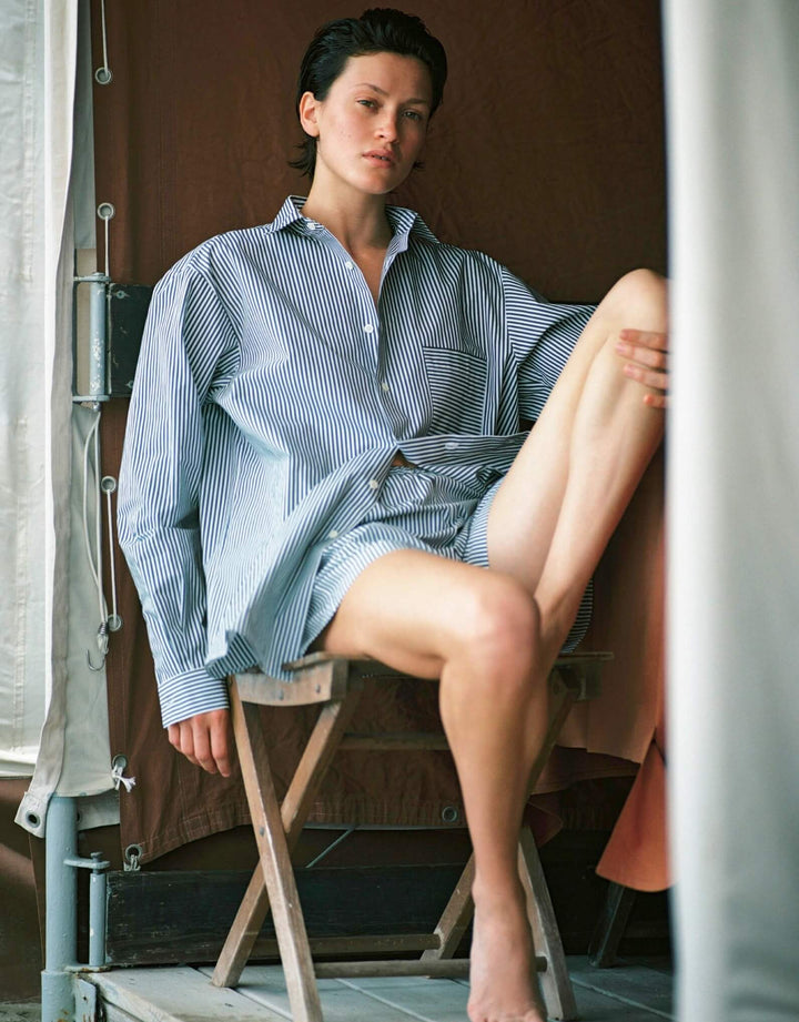 Lido oversized cotton poplin shirt in black and white Venezia stripes with front pocket and mother of pearl buttons