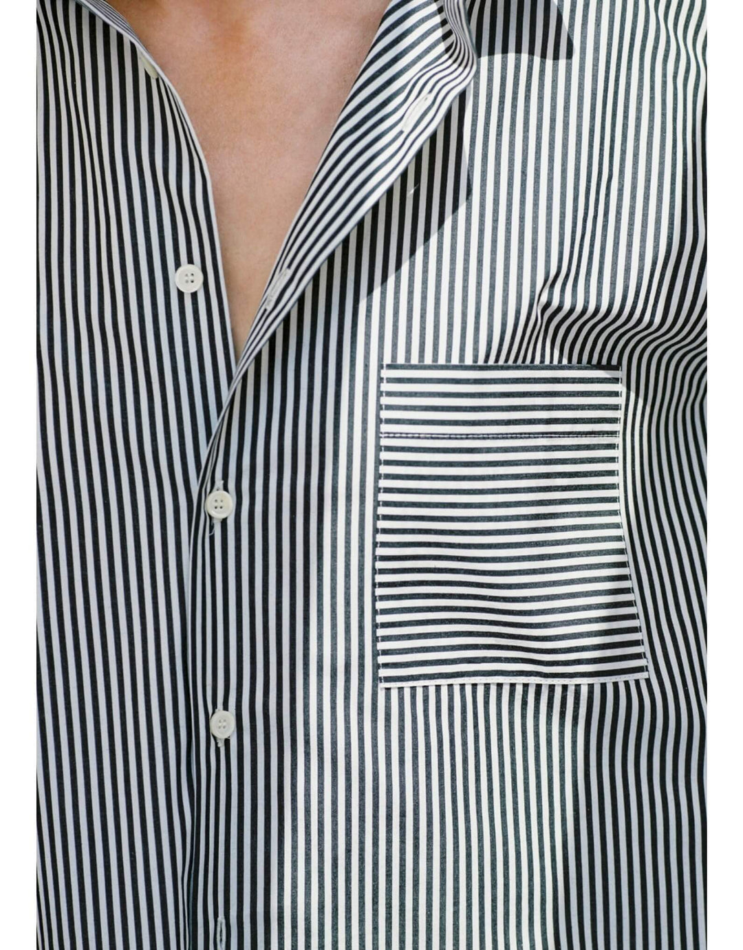 Lido oversized cotton poplin shirt in black and white Venezia stripes with front pocket and mother of pearl buttons