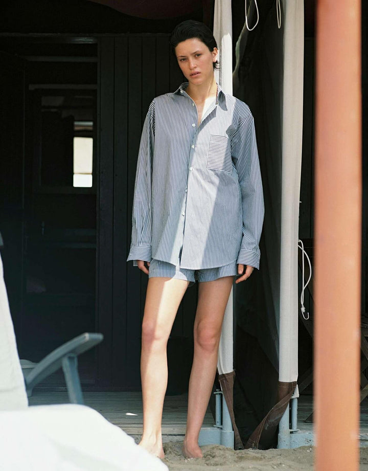 Lido oversized cotton poplin shirt in black and white Venezia stripes with front pocket and mother of pearl buttons