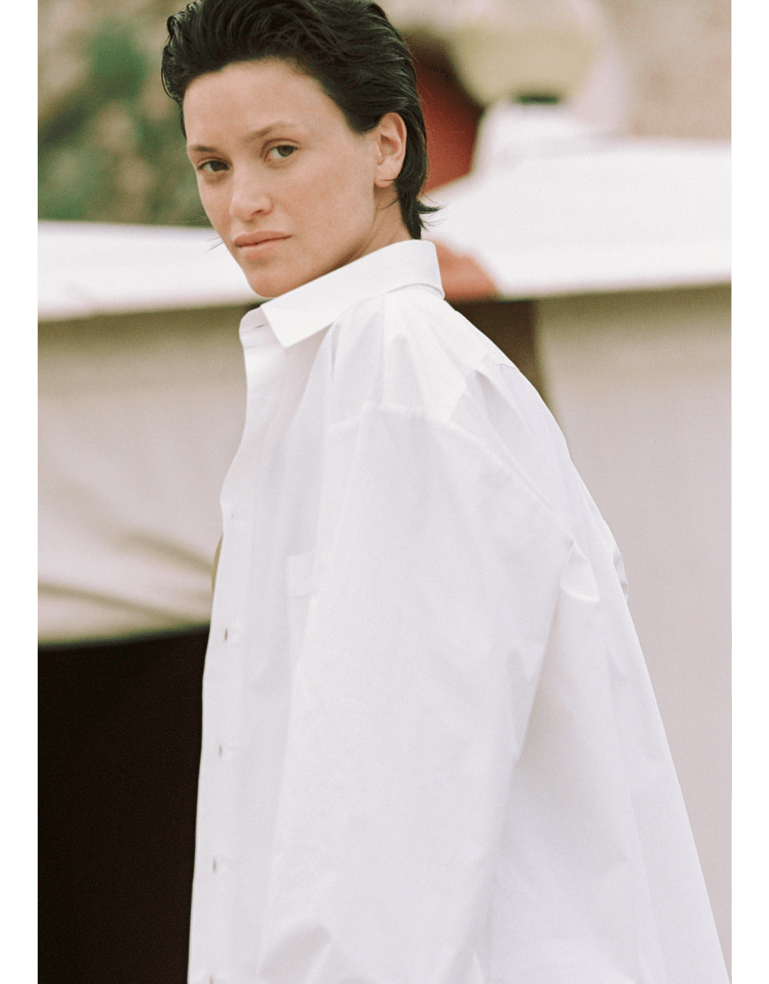 Lido oversized cotton poplin shirt in Chalk white with rounded hem and pearl buttons