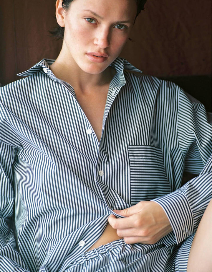 Lido oversized cotton poplin shirt in black and white Venezia stripes with front pocket and mother of pearl buttons