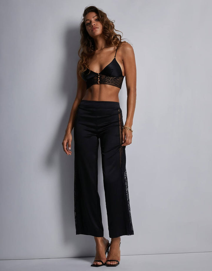 Aubade Midnight Whisper black wide leg pants with sheer lace inserts and stretch silk satin.