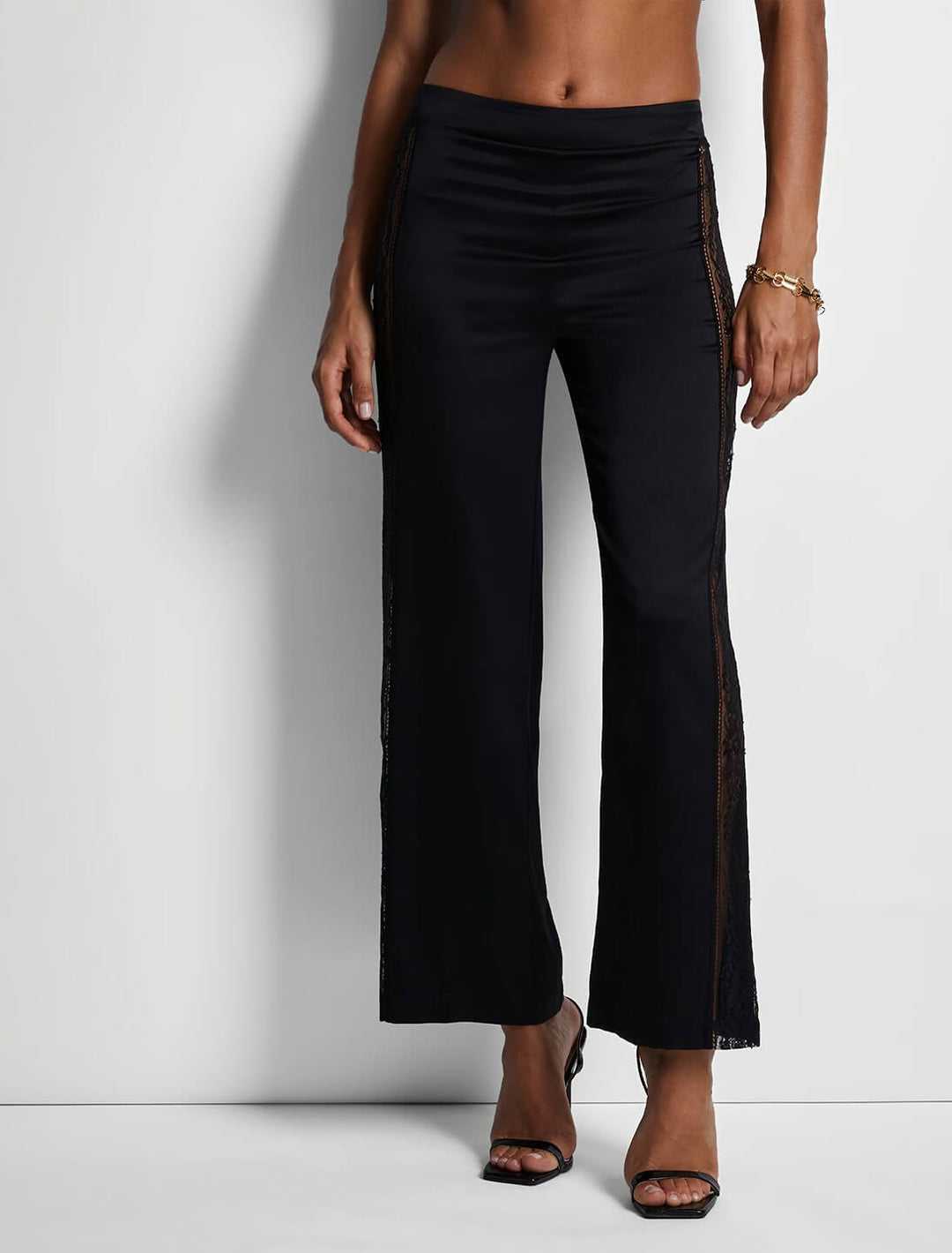 Aubade Midnight Whisper black wide leg pants with sheer lace inserts and stretch silk satin.