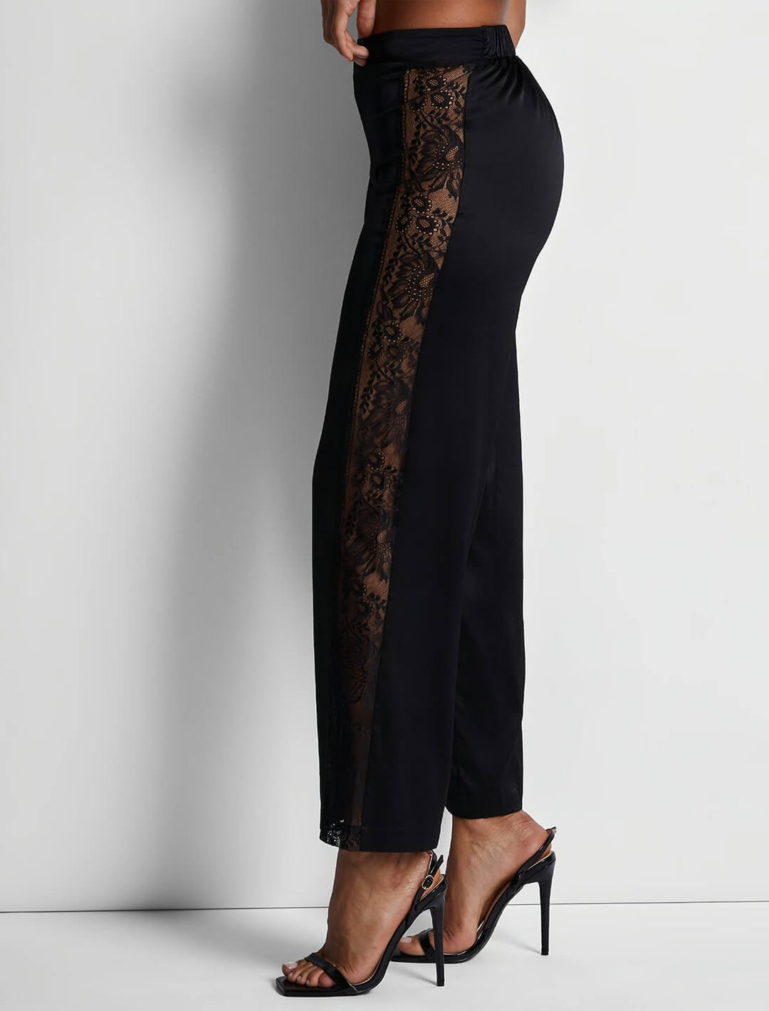 Aubade Midnight Whisper black wide leg pants with sheer lace inserts and stretch silk satin.