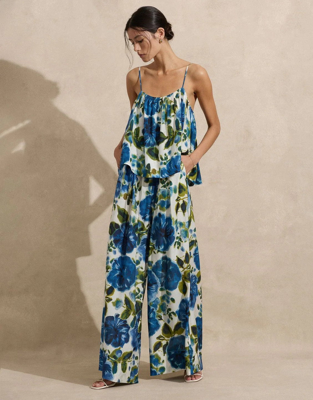 Peony Swimwear Pleated Pant, Marseille Peony Swimwear Gathered Cam, Marseille Floral Blue