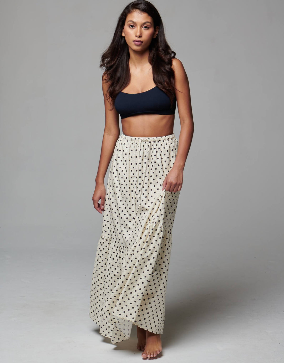 Peony Swimwear Holiday Tiered Skirt in Many Moons White Dot Print