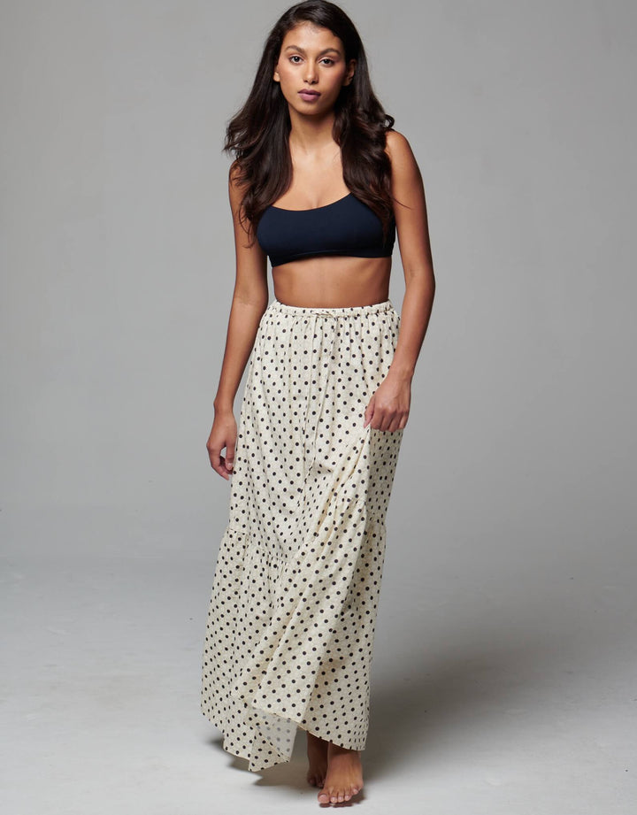 Peony Swimwear Holiday Tiered Skirt in Many Moons White Dot Print