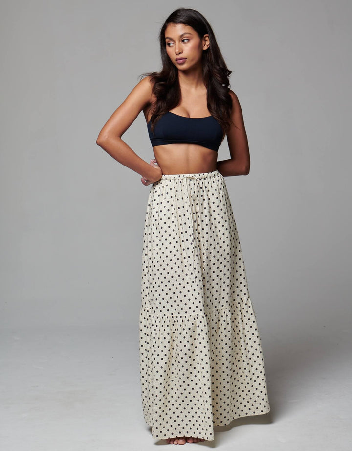 Peony Swimwear Holiday Tiered Skirt in Many Moons White Dot Print
