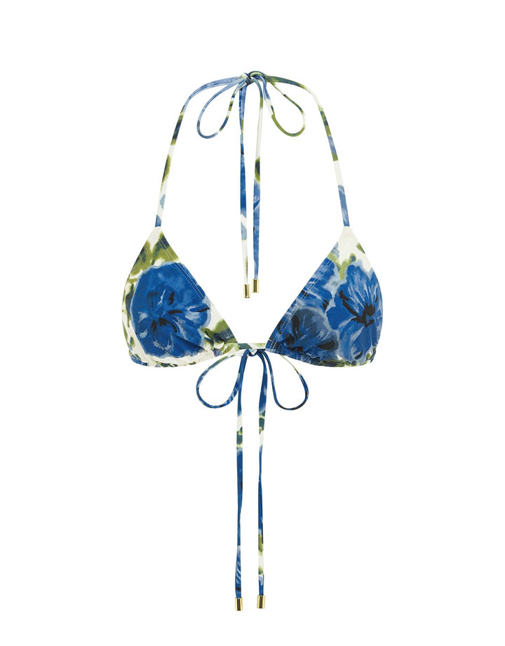 Peony Swimwear String Triangle Bikini Top, Marseille Floral Blue