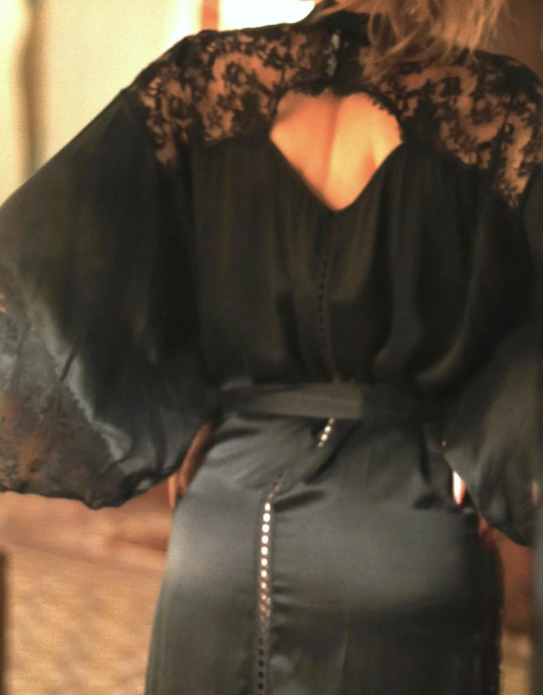 Shell Belle Couture Evelyn Kimono – long black silk robe with French lace, a luxurious gift idea from Catriona